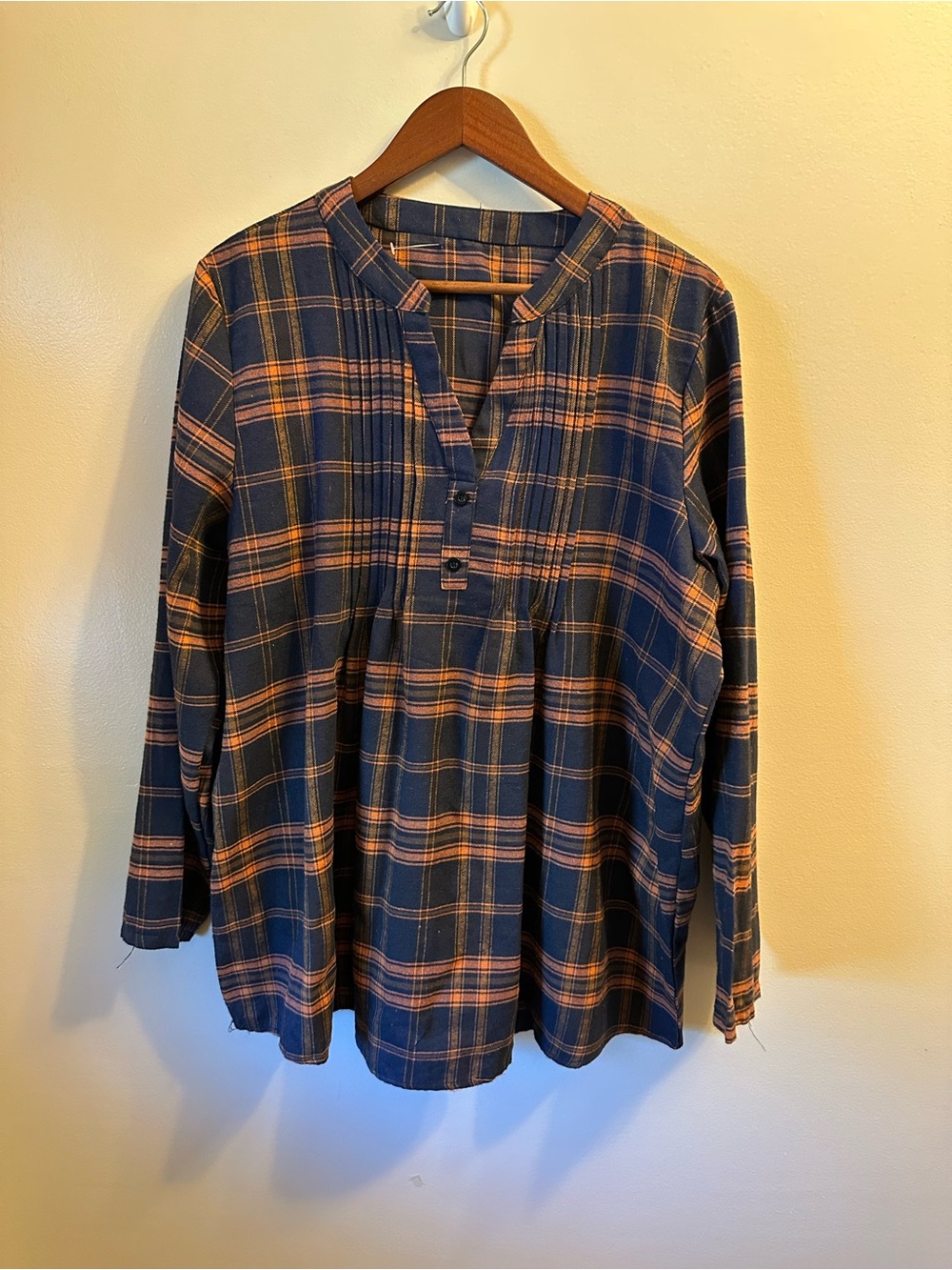 #366 Navy and Orange Plaid Long-Sleeve Henley Top